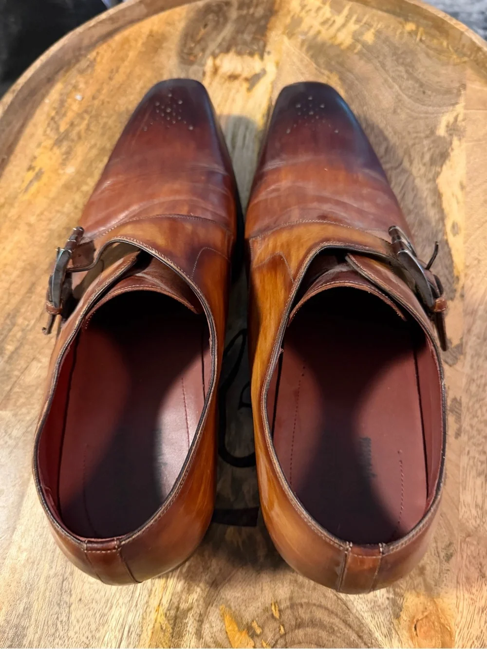 Magnanni Burnished Tan Leather Single Monk Strap Shoes. Neiman Marcus